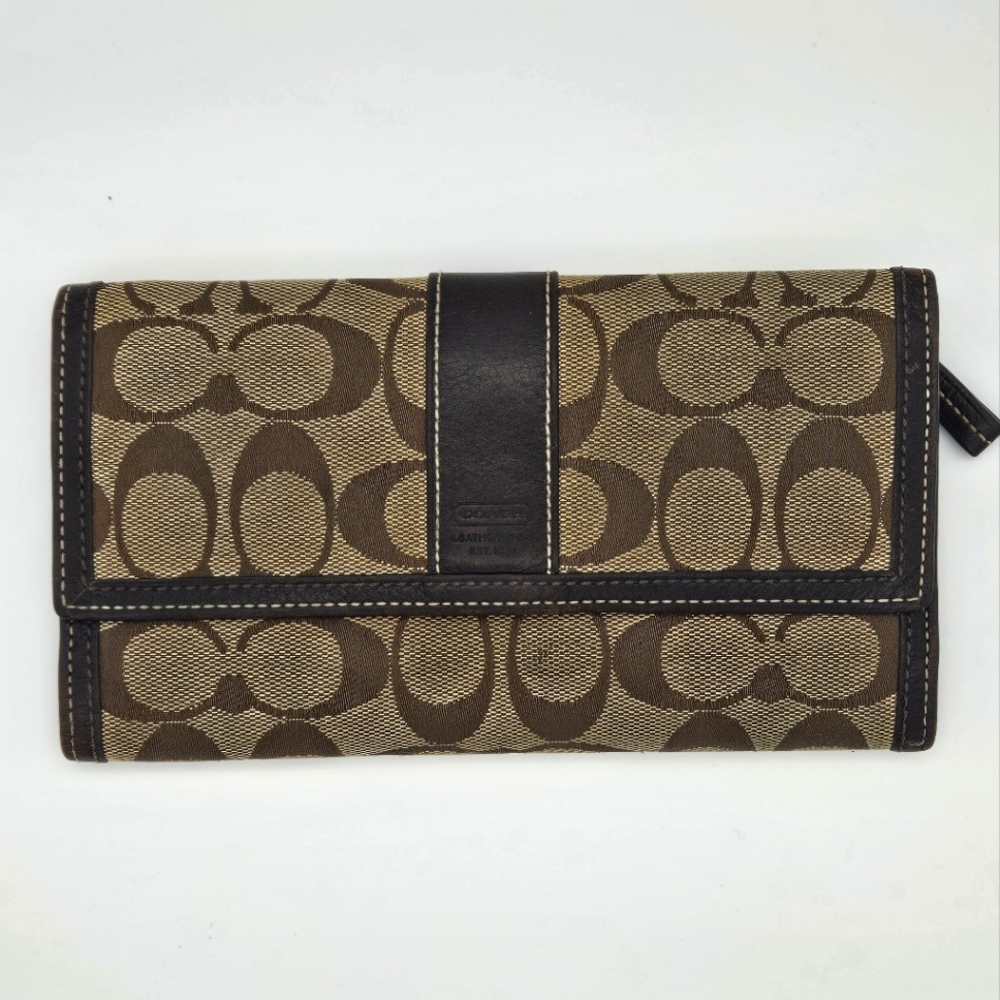 COACH Signature Canvas & Leather Tri-fold Checkbook Wallet Fw1224oxsa